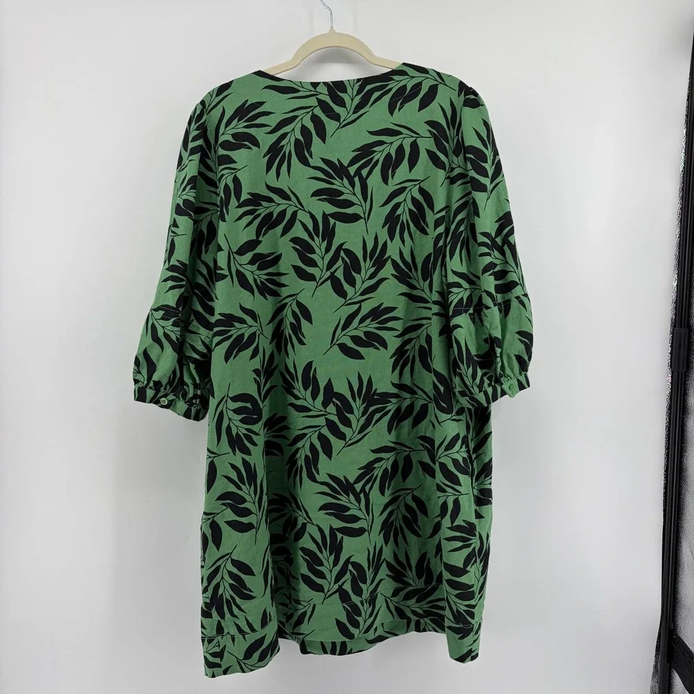 Who What Wear Dress XXL Green Linen Blend Leaf Print Puff Sleeve Shift Pockets - Picture 1 of 6